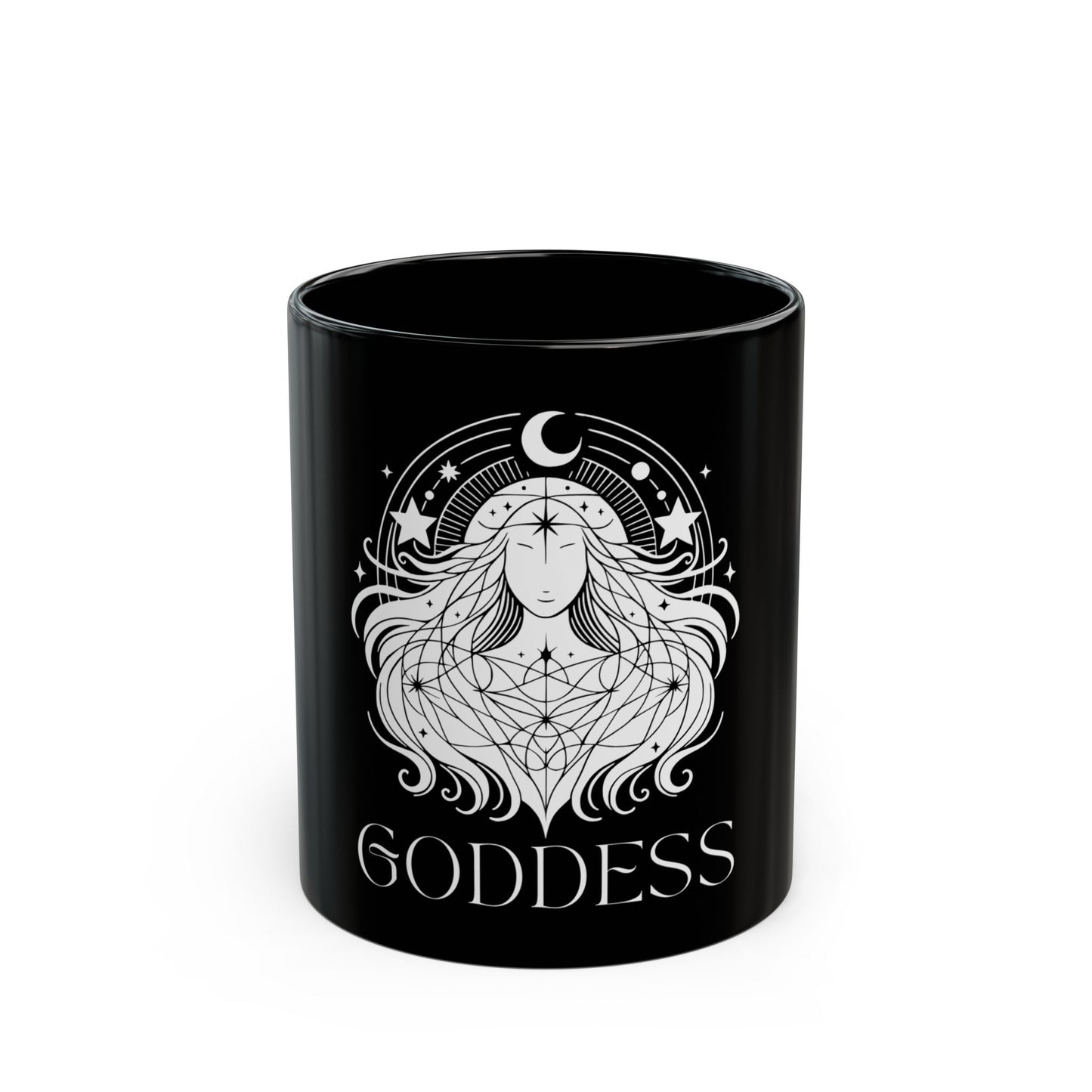 Goddess Black Mug, Celestial Coffee Cup, Tea Mug, Mystic Drinkware, Spiritual Gift for Her