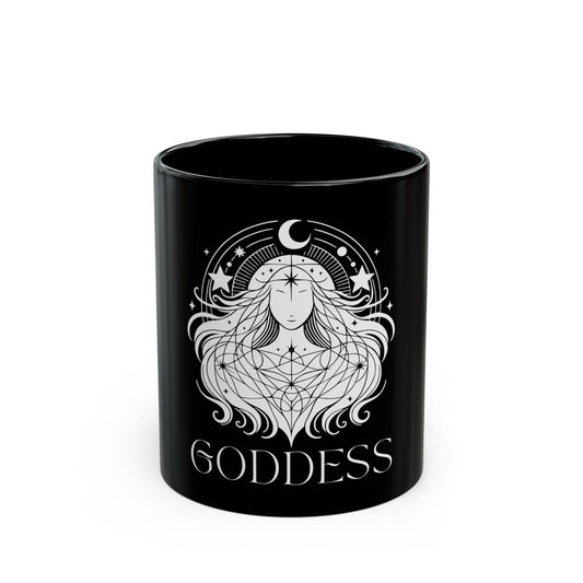 Goddess Black Mug, Celestial Coffee Cup, Tea Mug, Mystic Drinkware, Spiritual Gift for Her