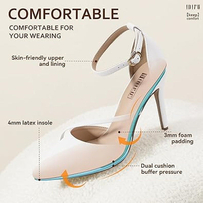 Idifu Womens 5.5 White 3.5" Stiletto Heel Pointed Closed Toe Ankle Strap Shoes