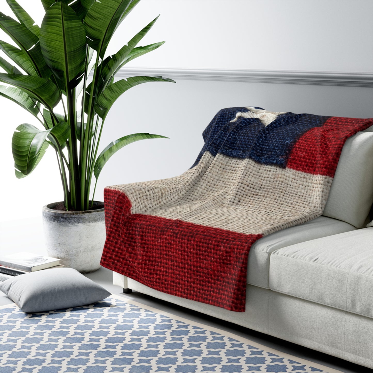 American Flag Burlap Texture Print Sherpa Blanket Patriotic Stars Stripes Throw