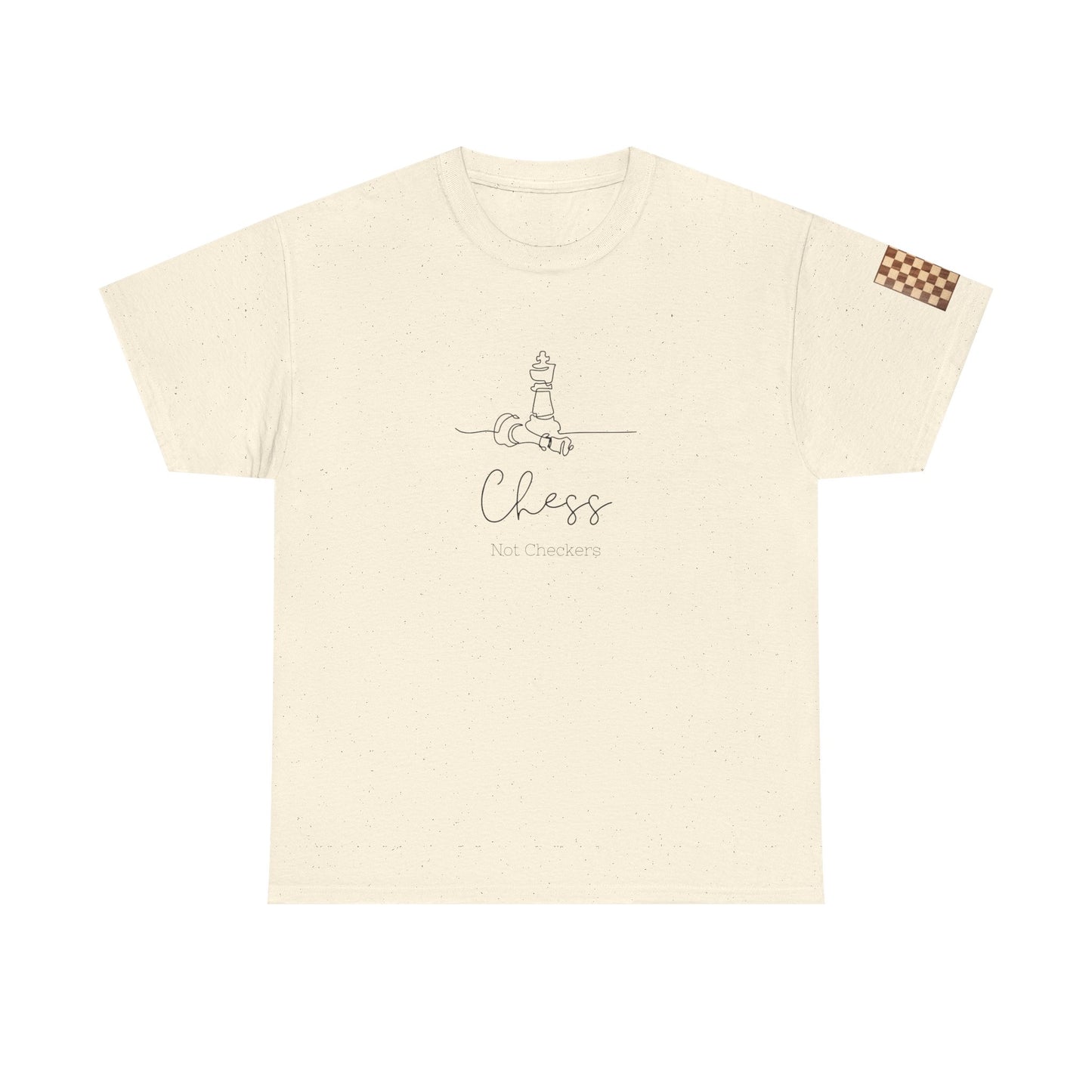Beige t-shirt with chess-themed design on a white background. Chess Not Checkers Print Design Chess Board Unisex Tee - Ethically Grown 100% Cotton - GILDAN