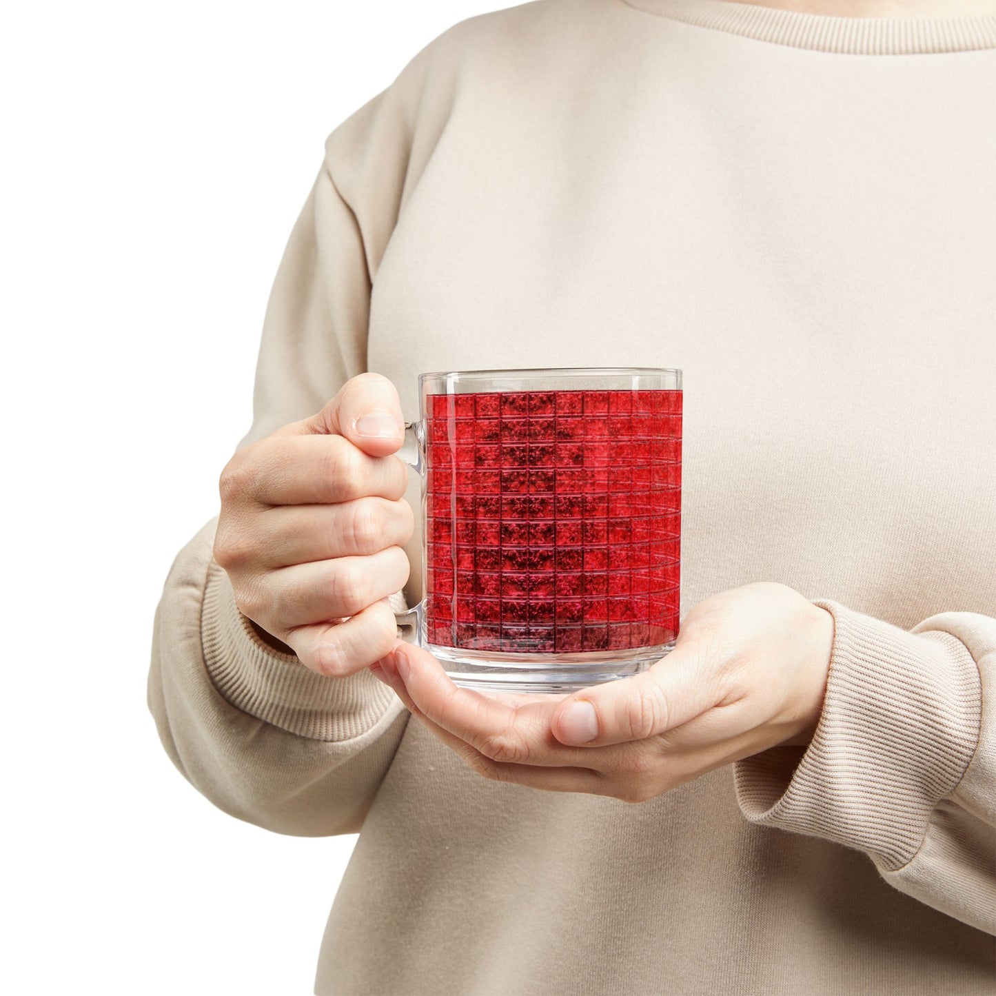Red Mosaic Tile Pattern Glass Mug Geometric Grid Drinkware