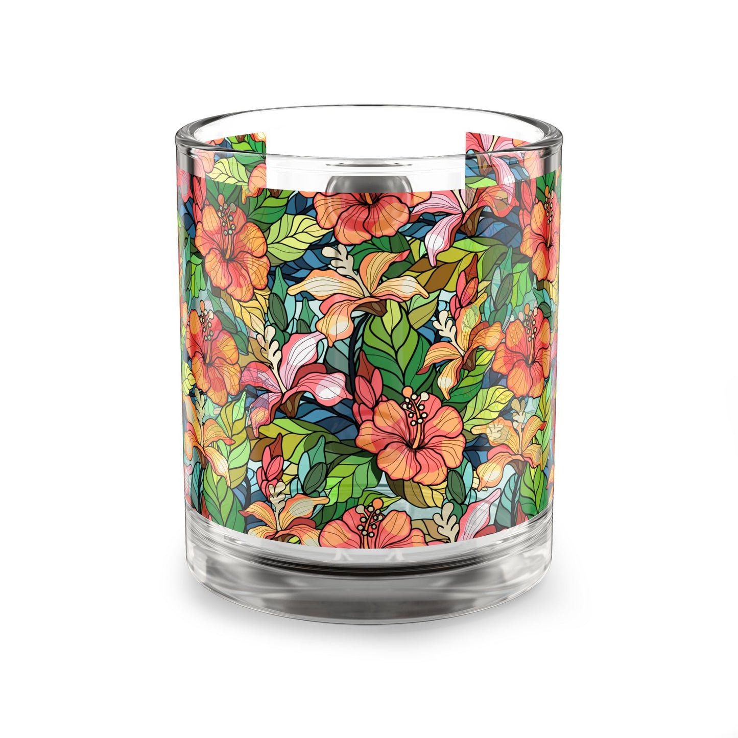 Multicolor Hibiscus Floral Print Stained Glass Mug, 10oz Glass Mug