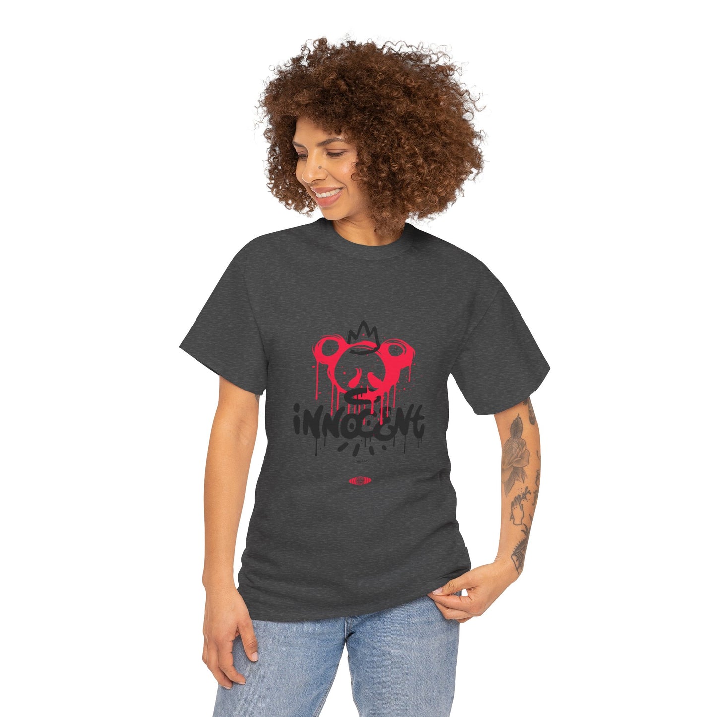 Edgy Graphic Tee: 'Innocent' Design, Urban Fashion, Streetwear, Unisex Cotton T-Shirt, Music Festivals, Casual Wear