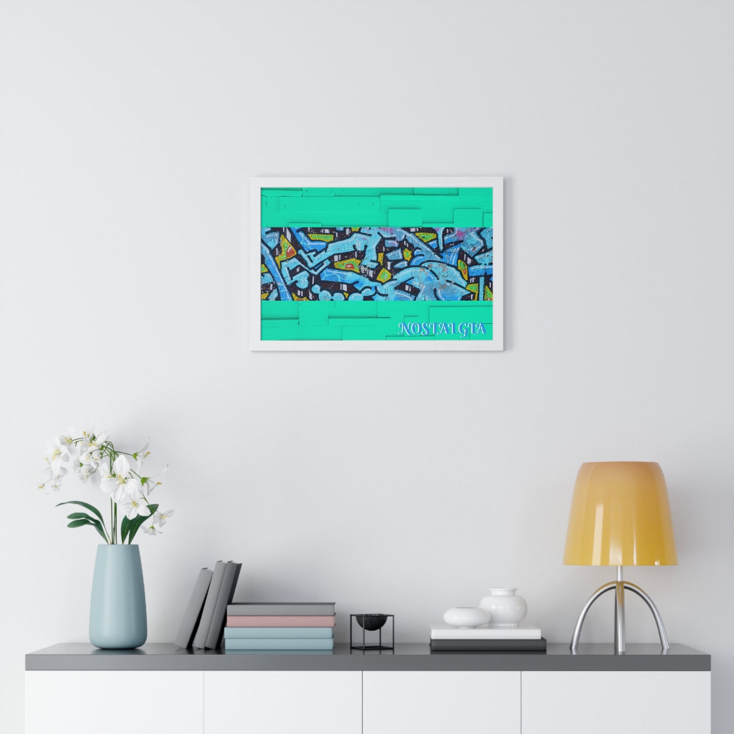 Nostalgia Graffiti Horizontal Framed Poster — Teal Urban Street Art Print