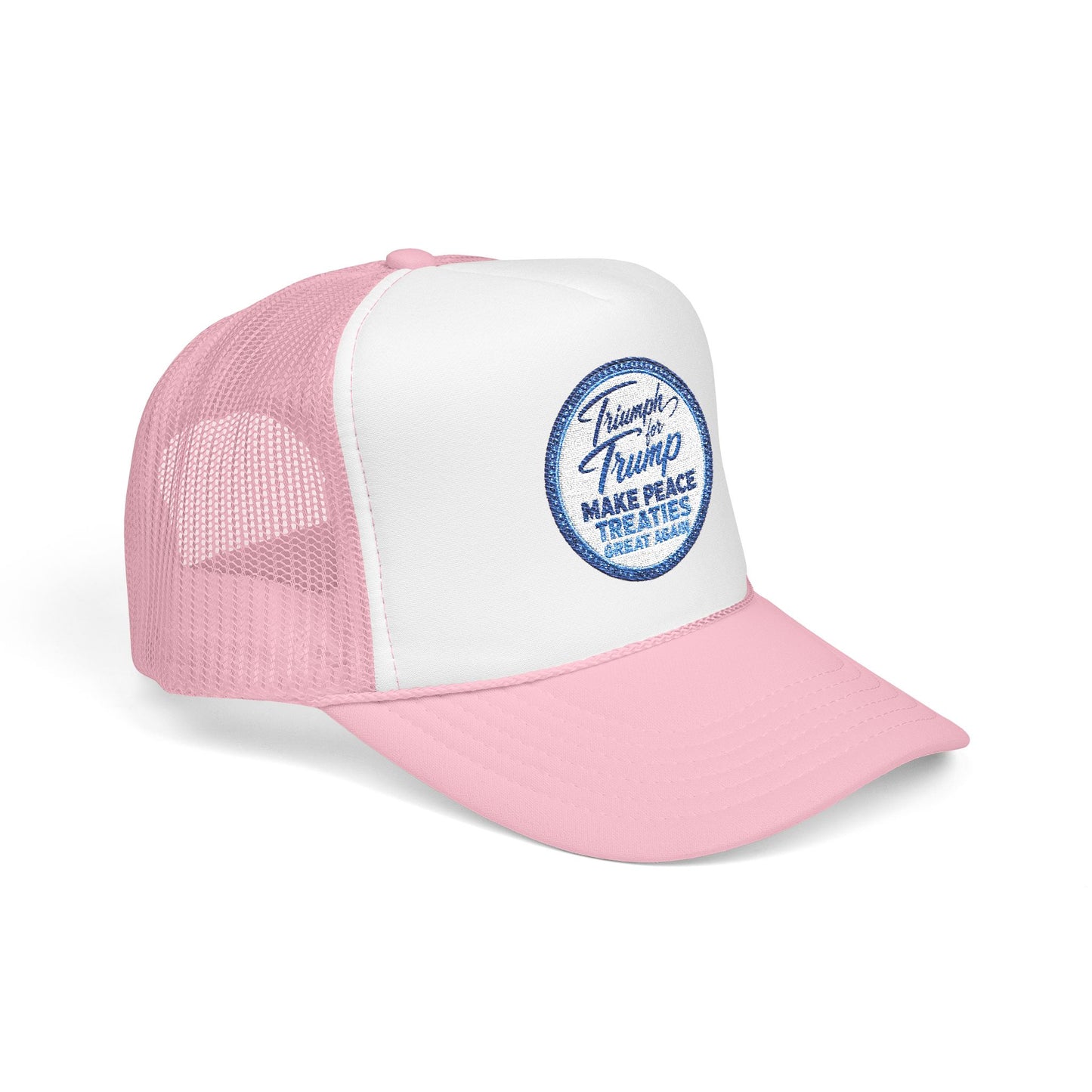 "Triumph for Trump: Make Peace Treaties Great Again" ✨EMBROIDERED Foam Trucker Hat — Vintage Trump Campaign Patch, Only @ LuxeByMimi✨