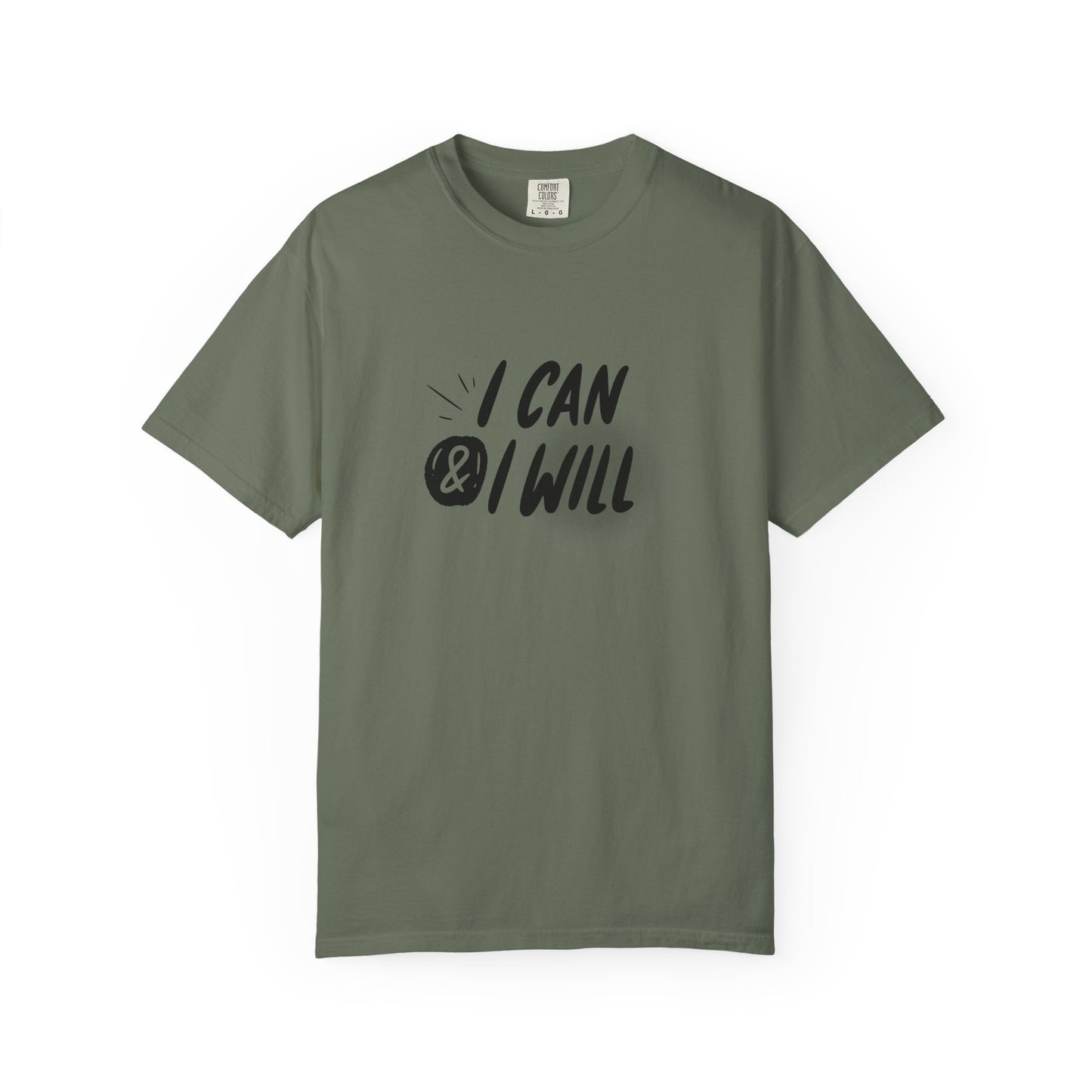 Green t-shirt with 'I CAN & I WILL' text and logo on a white background. I Can & I Will Motivational T-Shirt - Unisex Graphic Tee