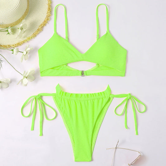 Popular Special Fabric Sunken Stripe Sexy Bikini Split Women Swimsuit