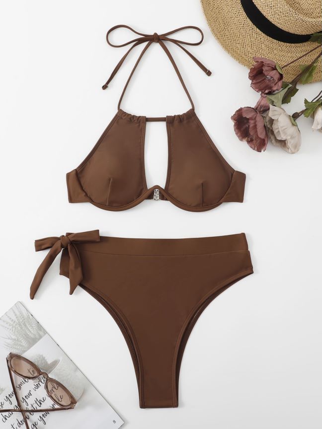 Summer Women Solid Color Split Swimsuit Bikini Bikini