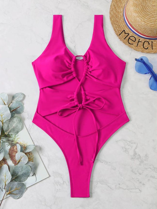 Women Hollow Out Cutout Drawstring One Piece Swimsuit Bikini
