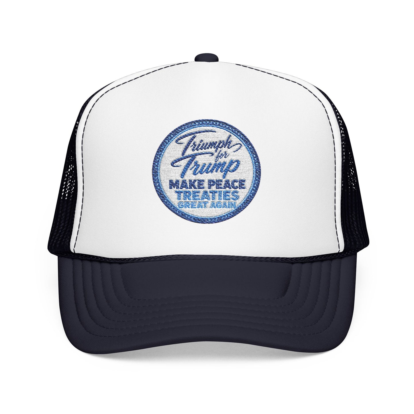 "Triumph for Trump: Make Peace Treaties Great Again" ✨EMBROIDERED Foam Trucker Hat — Vintage Trump Campaign Patch, Only @ LuxeByMimi✨