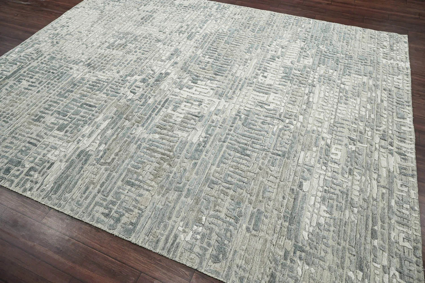 Multi Size Tone On Tone Gray Hand Knotted Tibetan Wool/Bamboo Silk Modern & Contemporary Oriental Area Rug-3