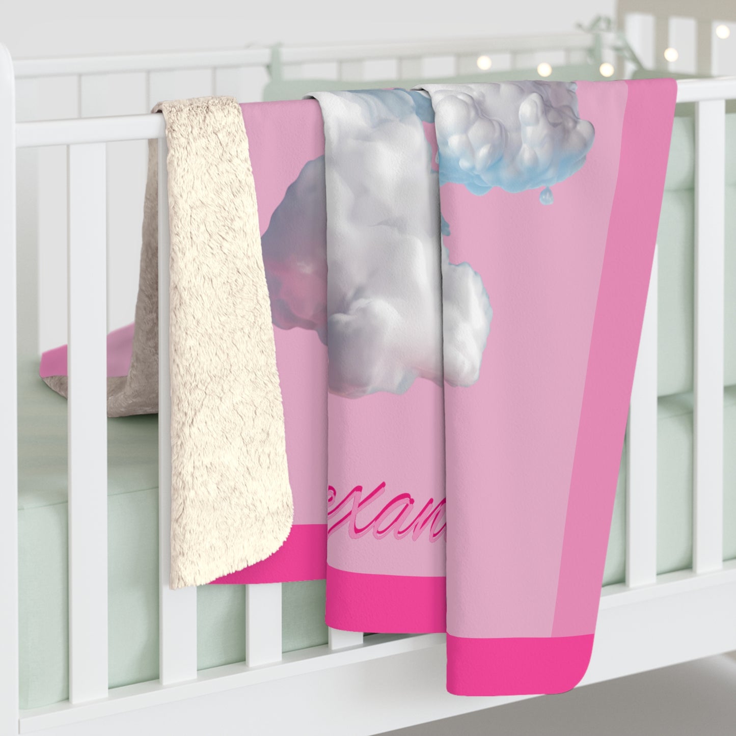 Personalized Cloud Name Sherpa Blanket - Pink Clouds, Cozy Throw
