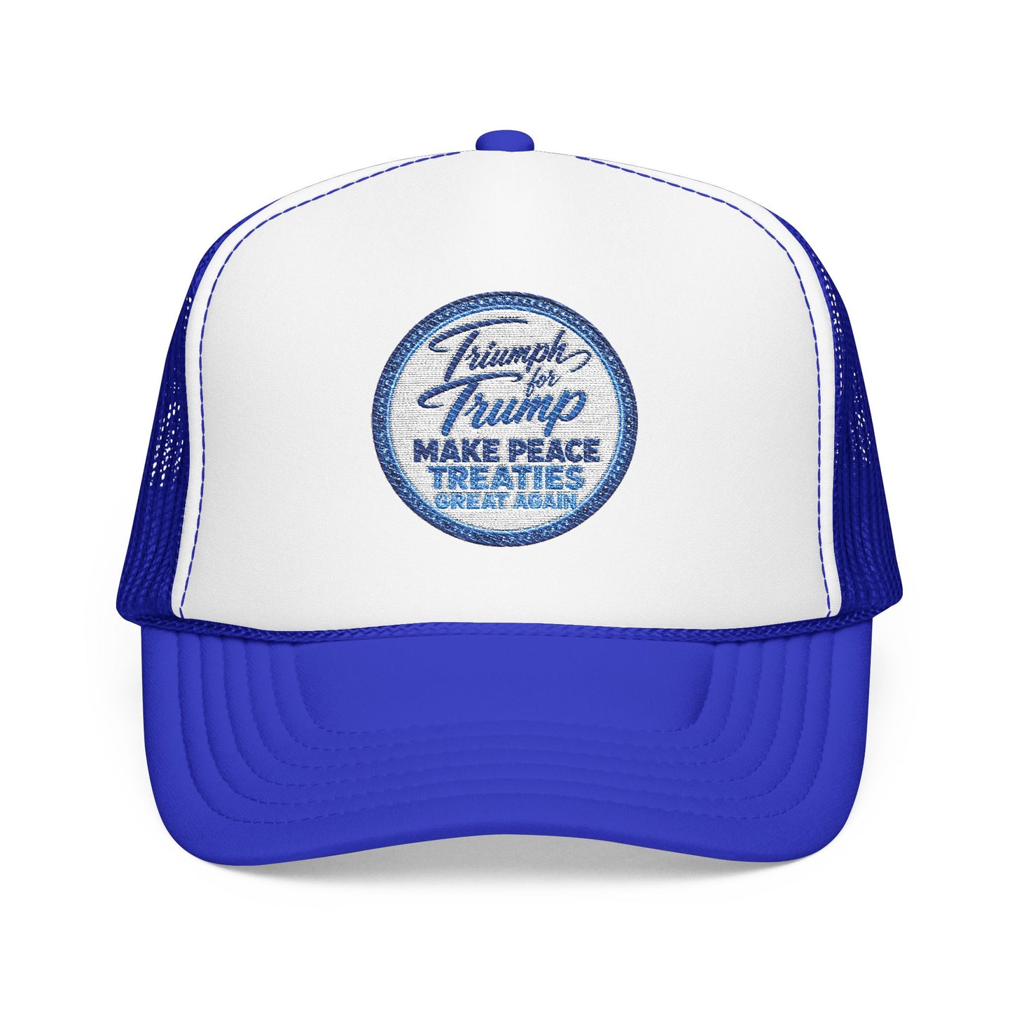 "Triumph for Trump: Make Peace Treaties Great Again" ✨EMBROIDERED Foam Trucker Hat — Vintage Trump Campaign Patch, Only @ LuxeByMimi✨