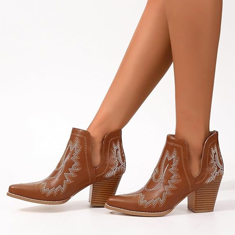 New Womens Size 5 Brown Foux Leather Embroidered 3" Block Heel Cowboy Boots