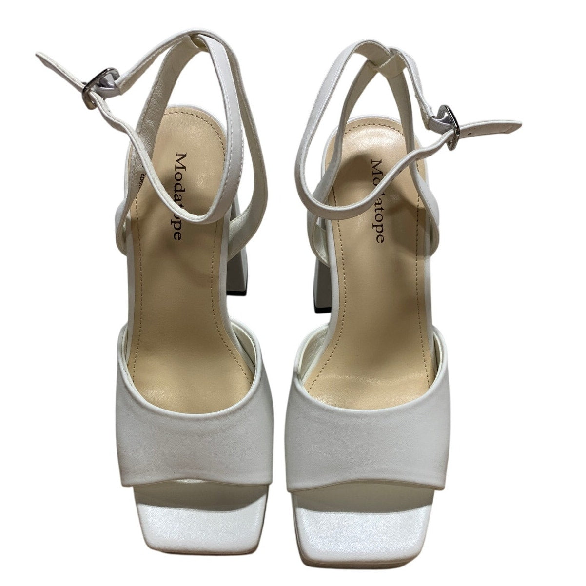 Modatope Womens 6.5 White 4.5" Platform Heels Open Square Toe Ankle Strap Shoes