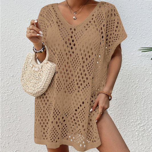 Women Wear Hollow Out Cutout Woven Loose Mid Length Beach Cover up Vacation Beach Sun Protection Shirt Crochet hook