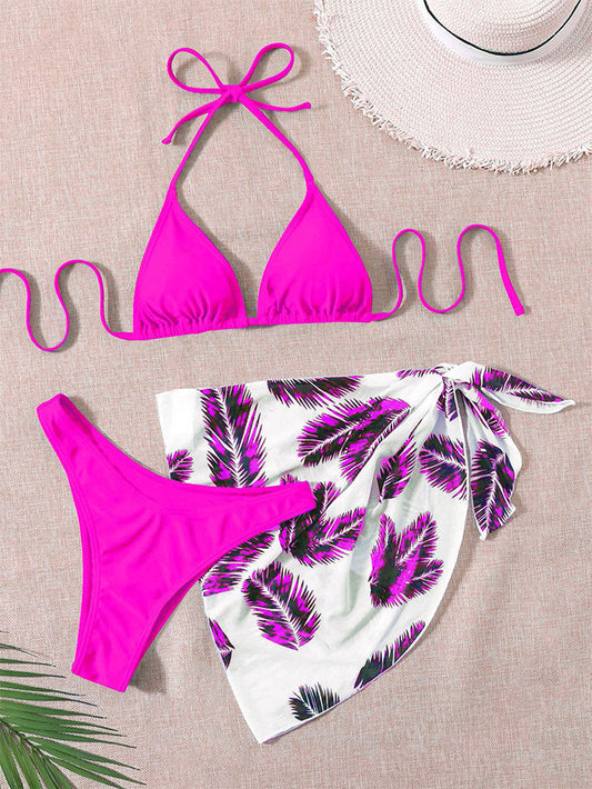 Printed Halter Lace up Bikini Three Piece High Waist Mesh Split Swimsuit