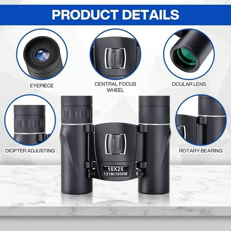 High Powered Mini Pocket Binoculars 10x25 with Phone Adapter – Compact, Lightweight, Portable – Black