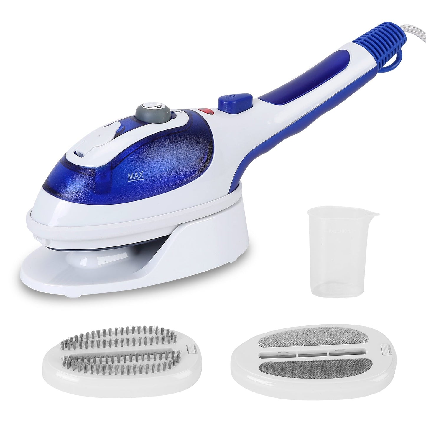 White and blue handheld steamer with accessories on a white background