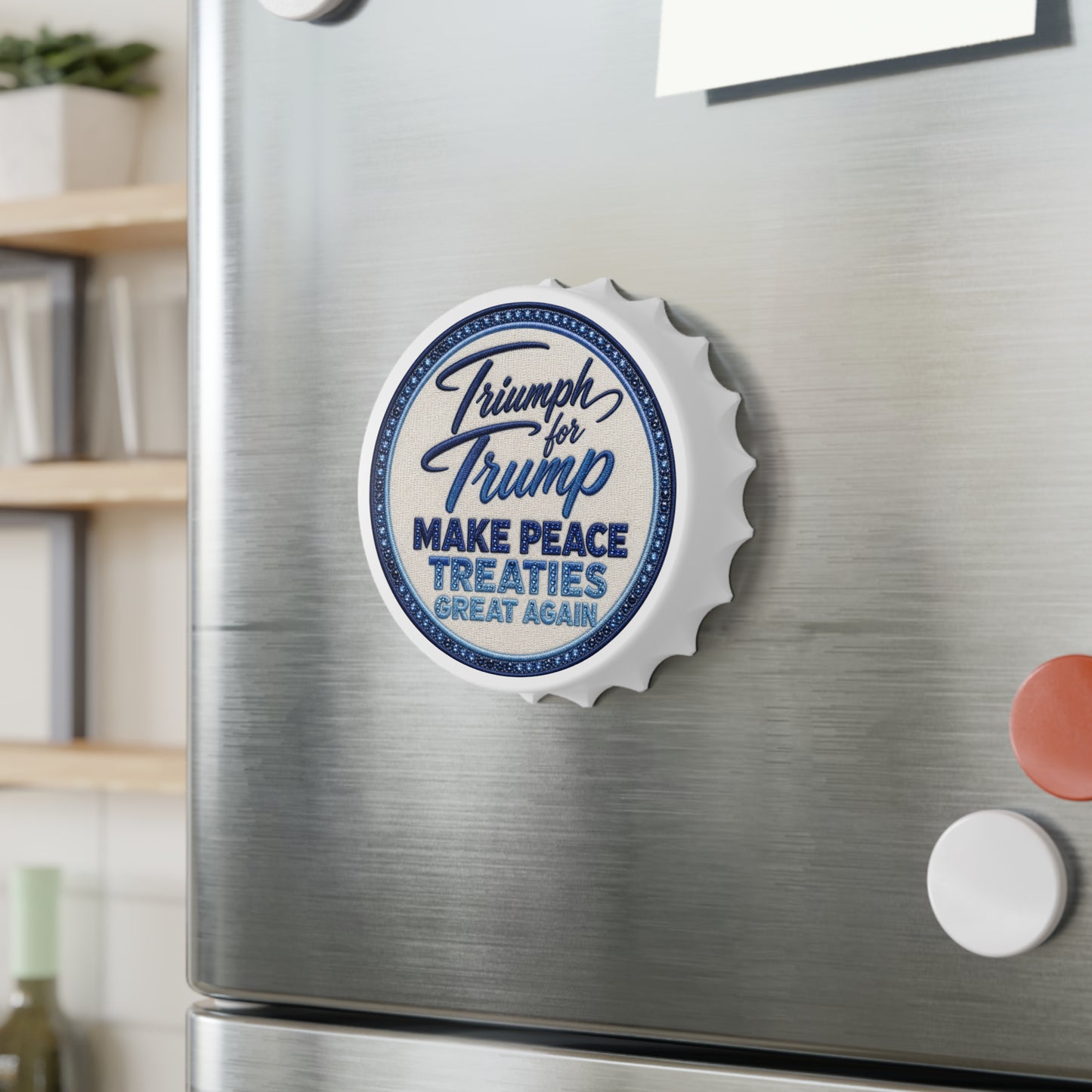 Magnet with 'Triumph for Trump' text on a refrigerator door Magnetic bottle opener featuring a vintage embroidered-style "Triumph for Trump – Make Peace Treaties Great Again" graphic attached to a stainless steel refrigerator.