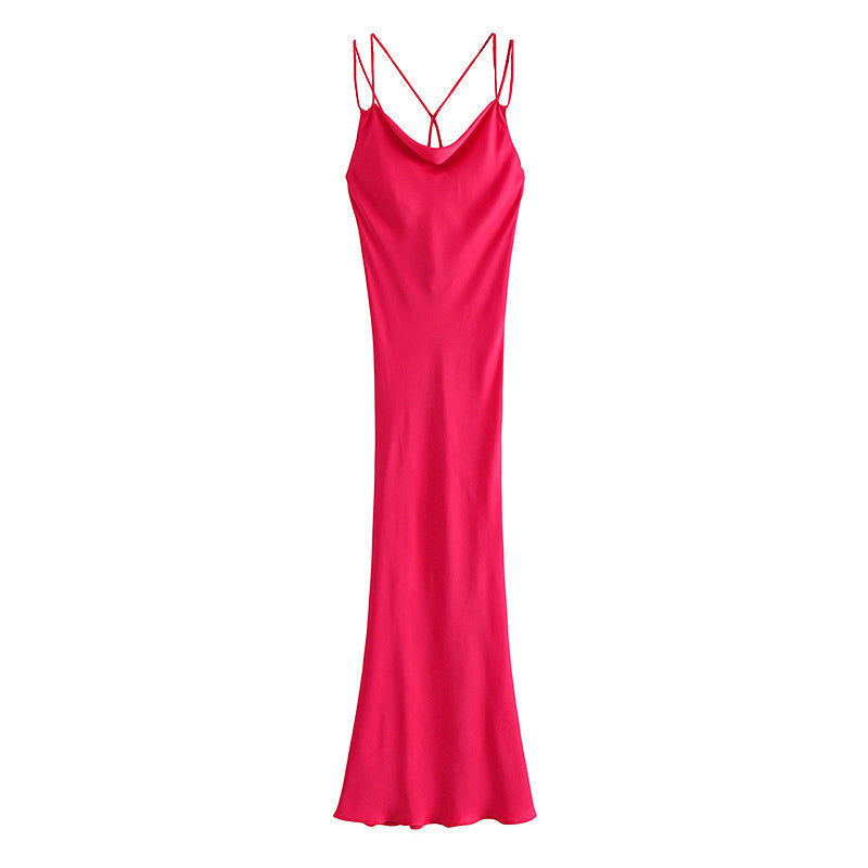 Autumn Sexy Red Silk Satin Texture Strap Dress