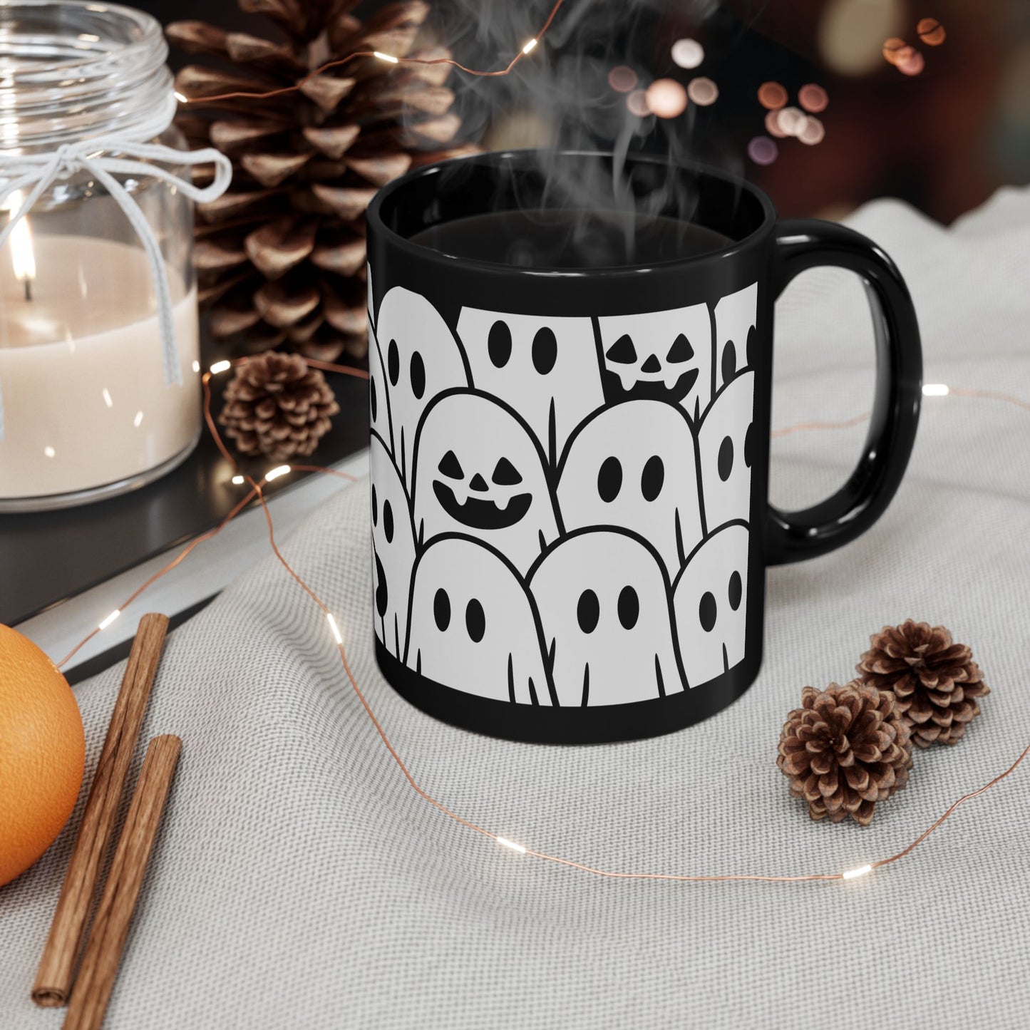 Halloween Ghosts Black Mug - Spooky Coffee Cup, Cute Mug for Halloween, Ghost Lovers, Unique Gift, 11oz & 15oz options