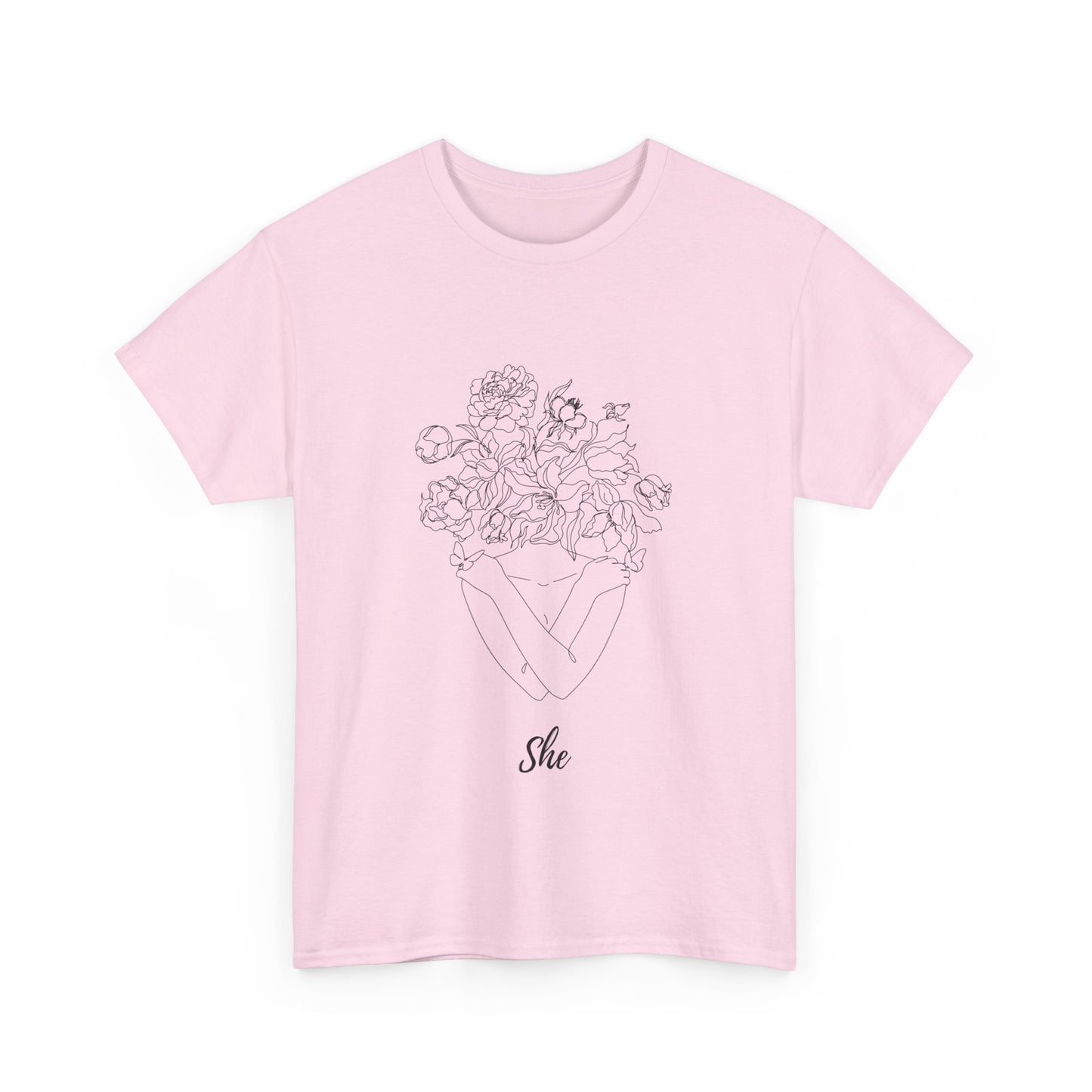 SHE Floral Love Unisex Heavy Cotton Tee, Casual T-Shirt, Gift for Her, Summer Fashion, Relaxed Fit Tee