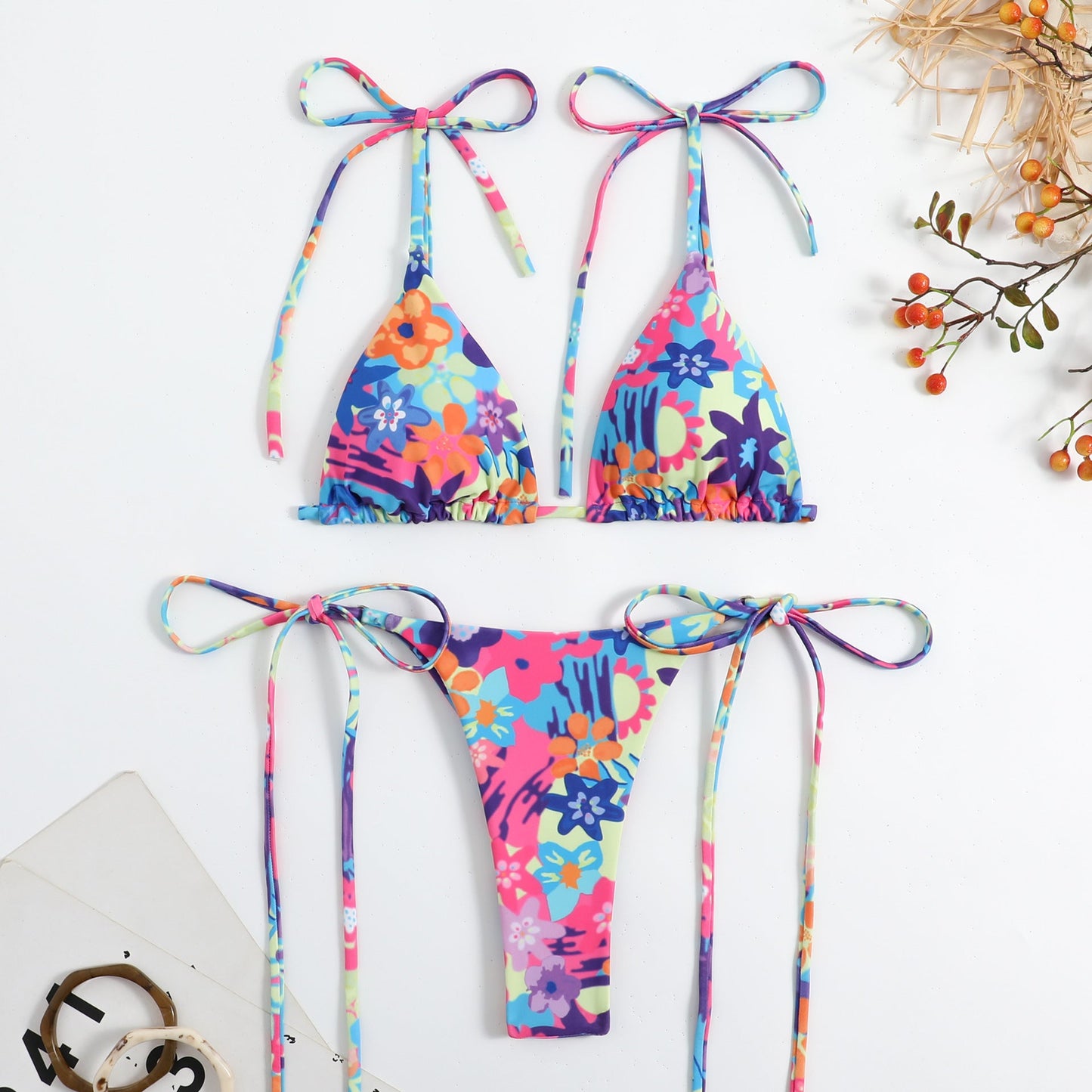 Lady Sexy Triangle Bikini Lace Up Duplex Printing Split Swimsuit Swimwear