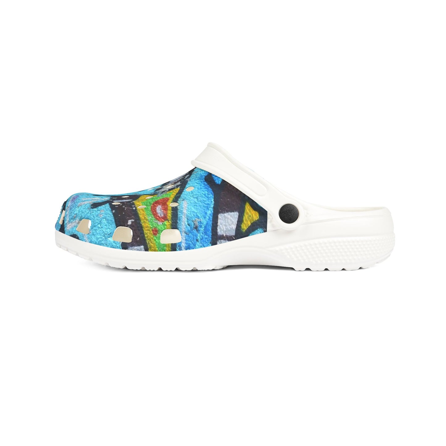 Graffiti Painted Cityscape EVA Clogs — Artistic Blue Graphic Foam Slip‑Ons