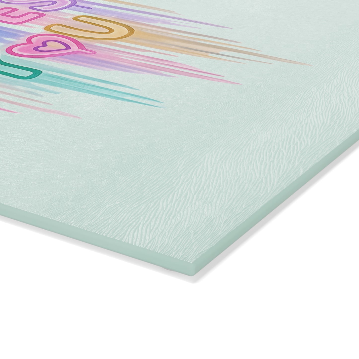 Somebody Loves You Glass Cutting Board — Pastel Rainbow Heart Kitchen Gift