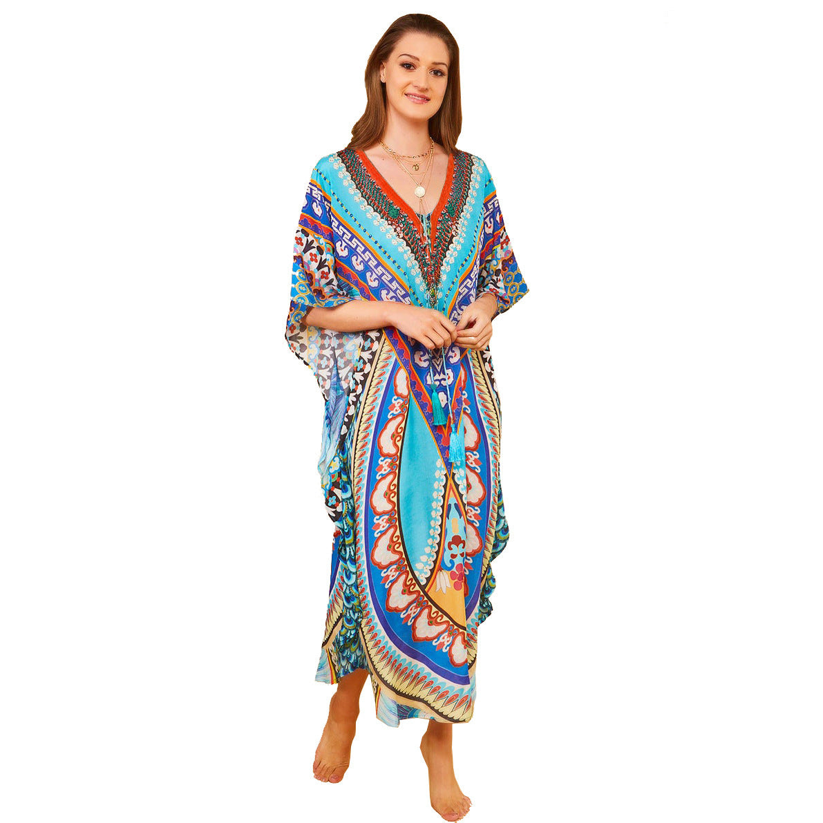 Rayon Positioning Printing Arc Hem Robe Vacation Casual Beach Bikini Sun Protection Blouse