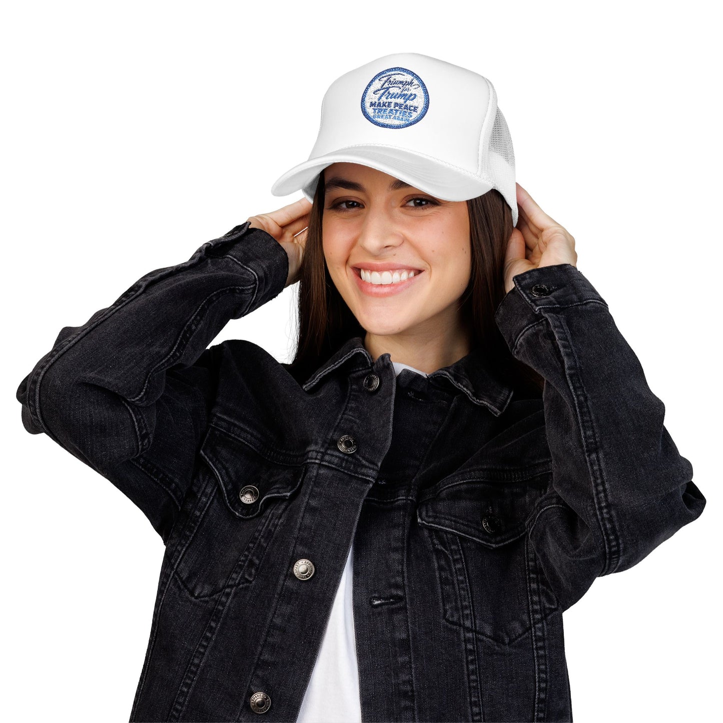 "Triumph for Trump: Make Peace Treaties Great Again" ✨EMBROIDERED Foam Trucker Hat — Vintage Trump Campaign Patch, Only @ LuxeByMimi✨