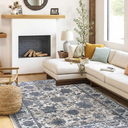 ROY's Home Navy Big Flower Area Rugs, Vintage Effect Lines-0