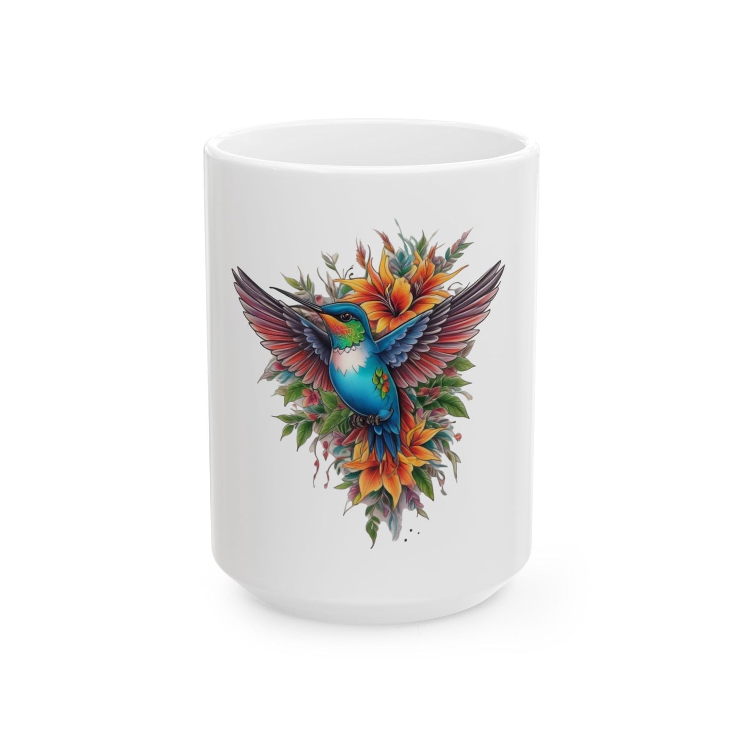 Vibrant Hummingbird Ceramic Mug, Colorful Coffee Cup, Nature Lover Gift, Floral Artwork Mug, Perfect for Tea and Coffee