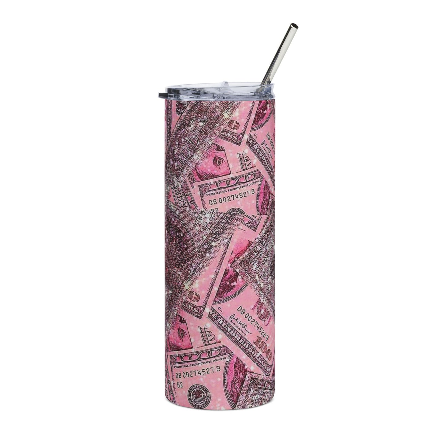 Pink Money Pattern Stainless Steel Tumbler 20oz Glitter Print Cash Design
