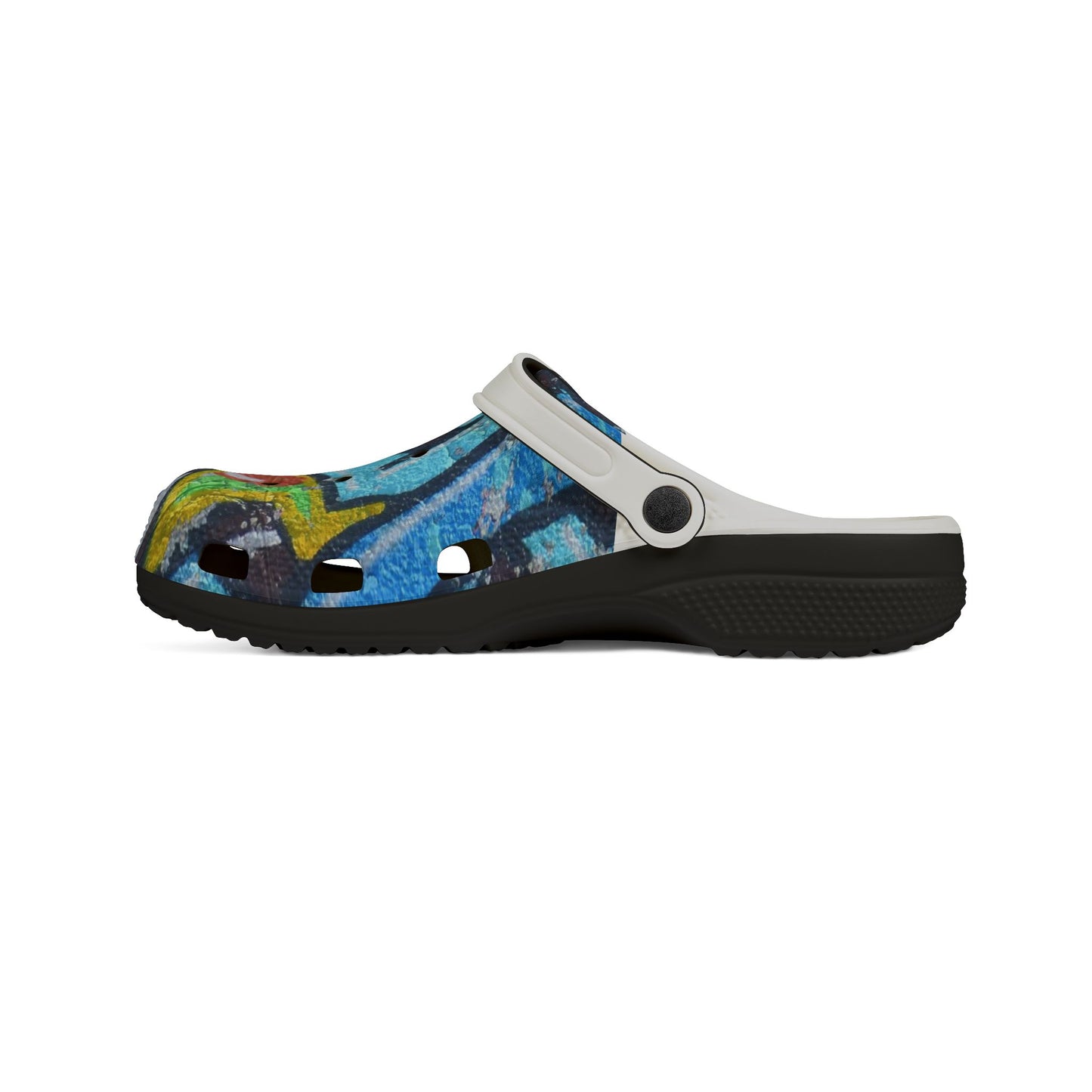 Graffiti Painted Cityscape EVA Clogs — Artistic Blue Graphic Foam Slip‑Ons