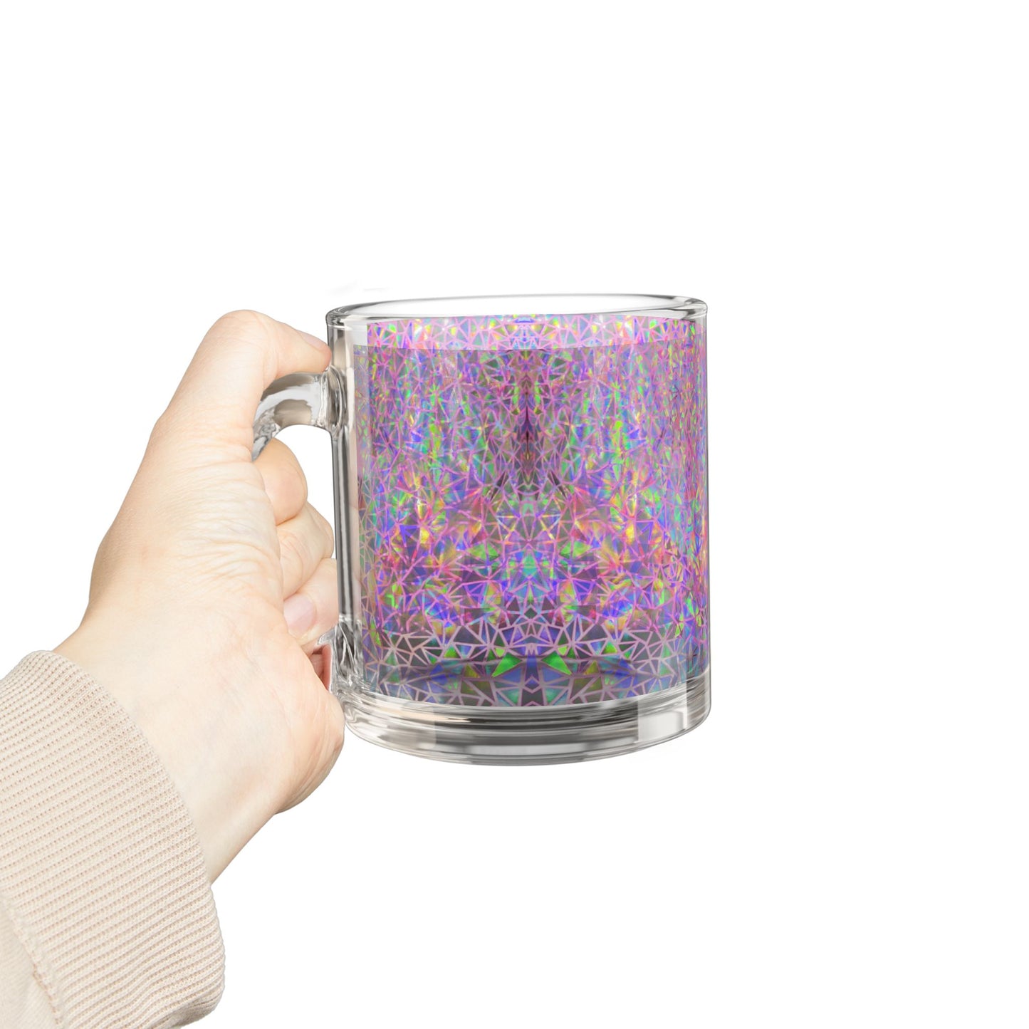 Holographic Geometric Prism Print Stained on Glass Mug Iridescent Kaleidoscope 10oz