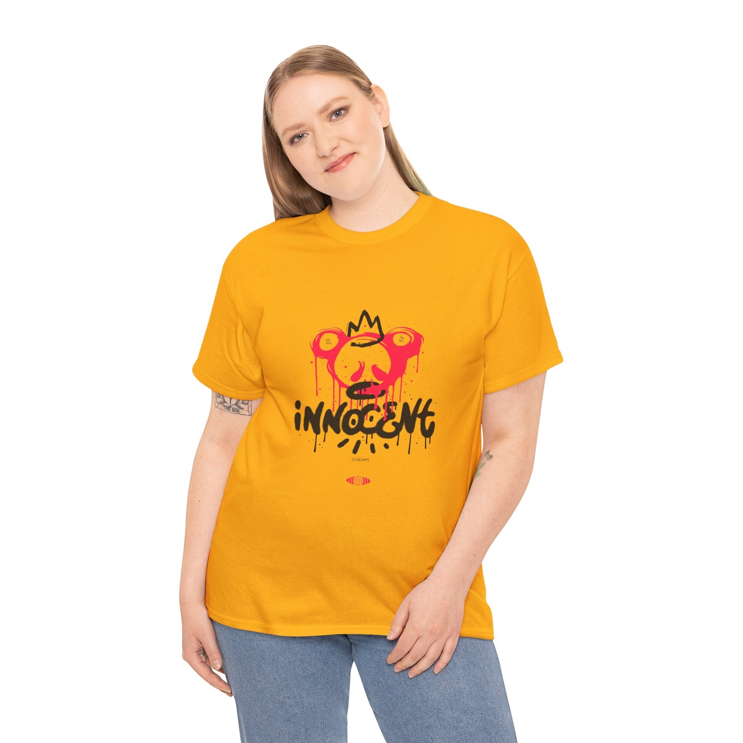Edgy Graphic Tee: 'Innocent' Design, Urban Fashion, Streetwear, Unisex Cotton T-Shirt, Music Festivals, Casual Wear