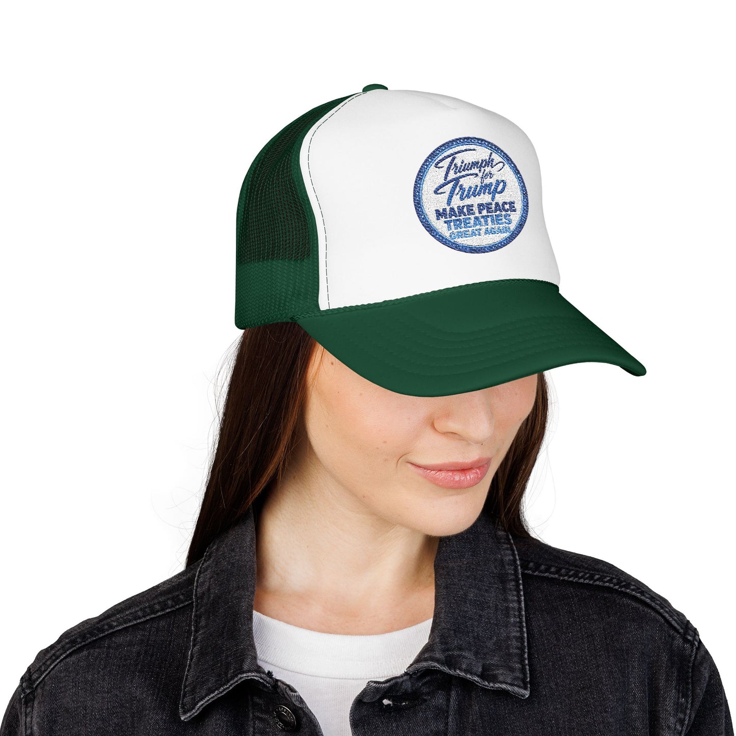 "Triumph for Trump: Make Peace Treaties Great Again" ✨EMBROIDERED Foam Trucker Hat — Vintage Trump Campaign Patch, Only @ LuxeByMimi✨