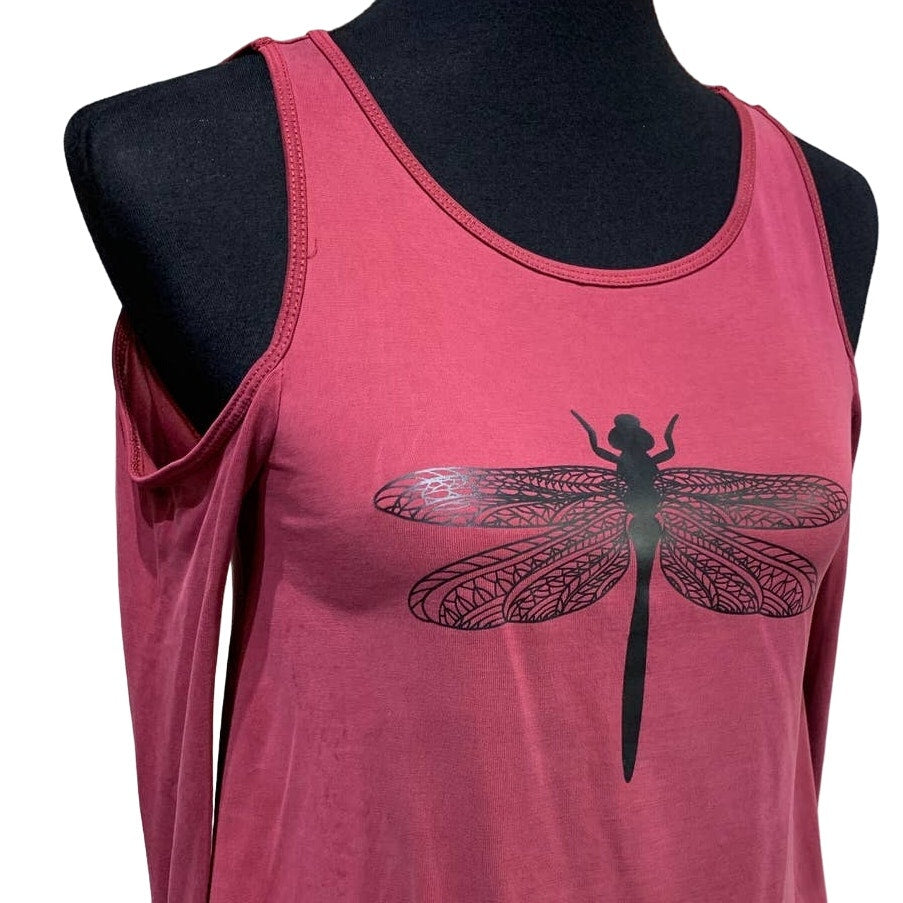 Hand Printed Upcycled Hollister Women XS Dragonfly Long Sleeve Cold Shoulder Tee