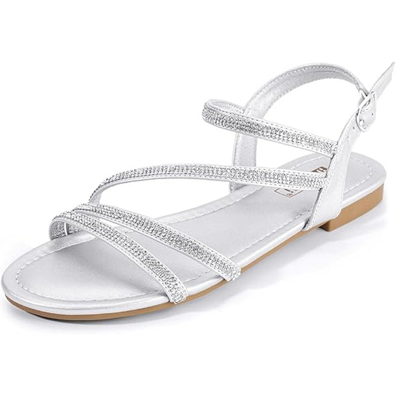 New Idifu Womens Size 10 Silver Rhinestone Sparkle Open Toe Buckle Strap Sandals