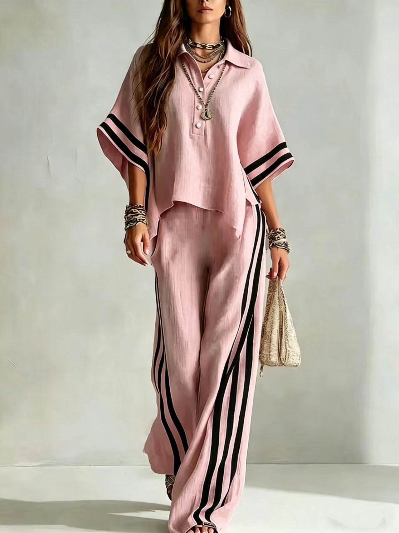 Womens Clothing Short-Sleeve Shirt And Loose Pants Two-Piece Set