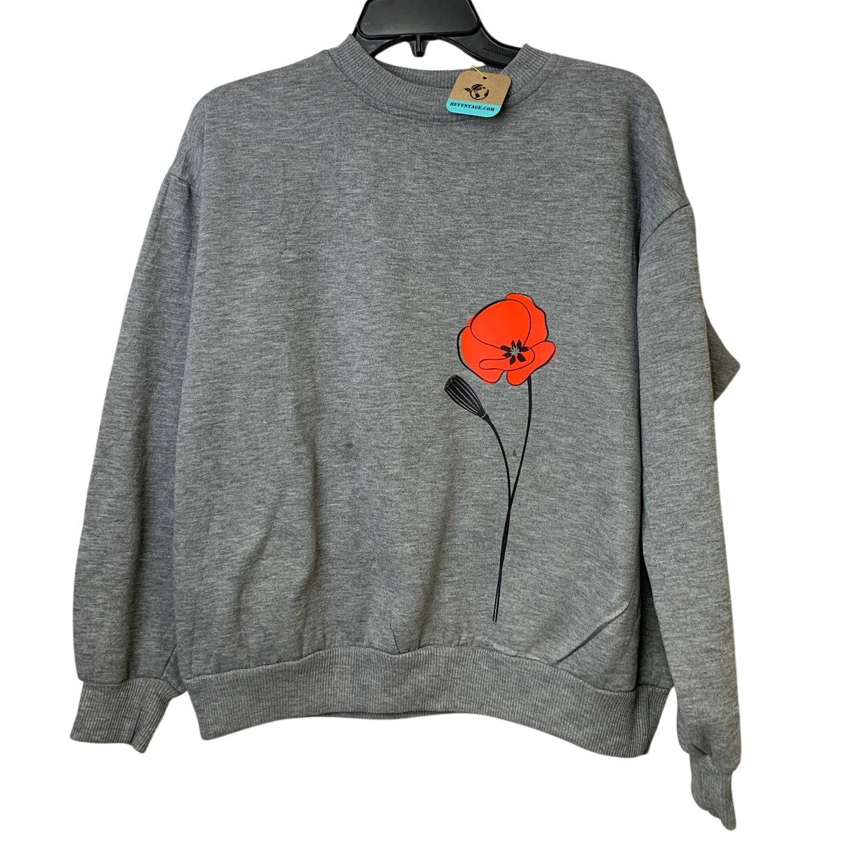 Upcycled Hand Printed Womens Small Gray Red Poppy Flower Front Back Sweatshirt
