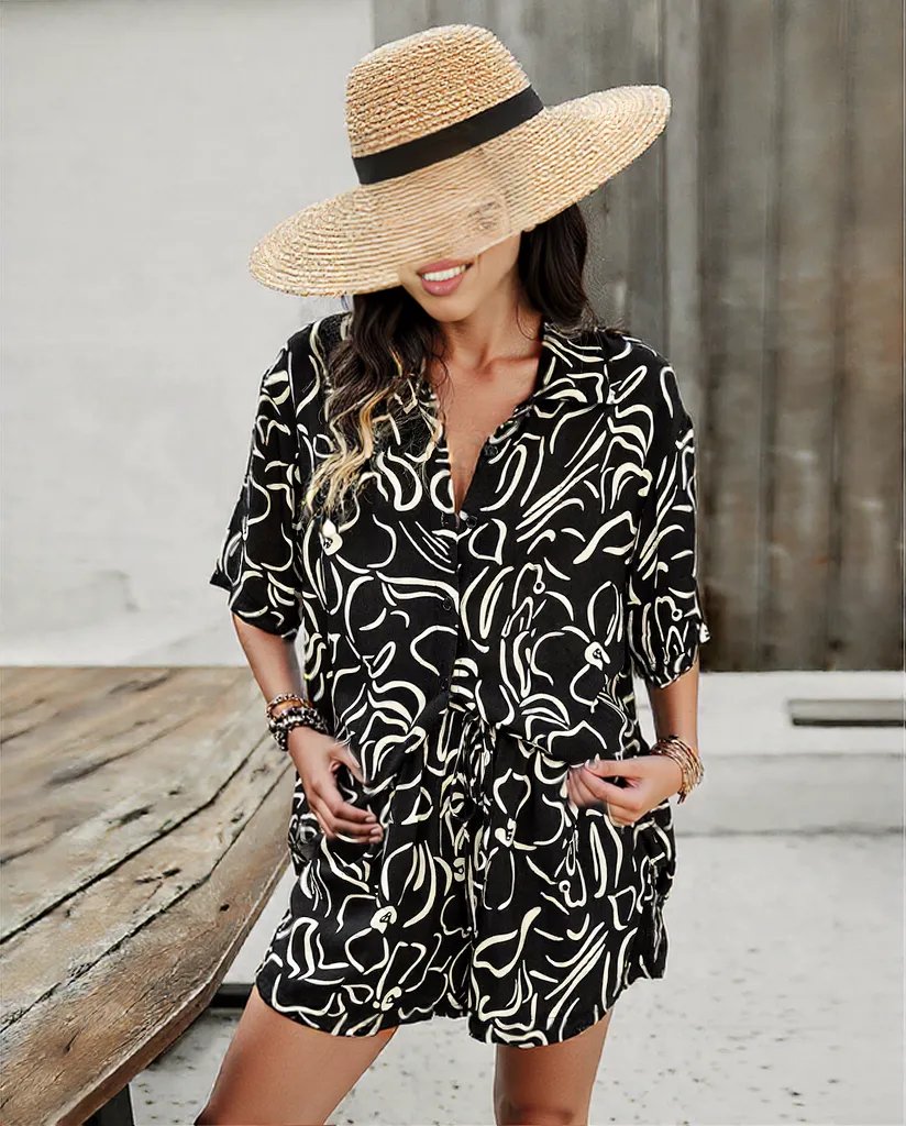 2Pcs Casual Printed Suits Short-sleeved Shirt And Drawstring Shorts Summer Fashion Womens Clothing