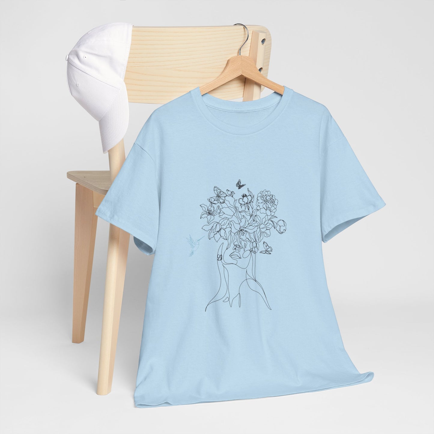 Floral Art Sketch Woman Flowers Hummingbird Unisex Heavy Cotton Tee - Beautiful Gift for Her, Everyday Comfort, Spring Style, Unique Graphic Shirt