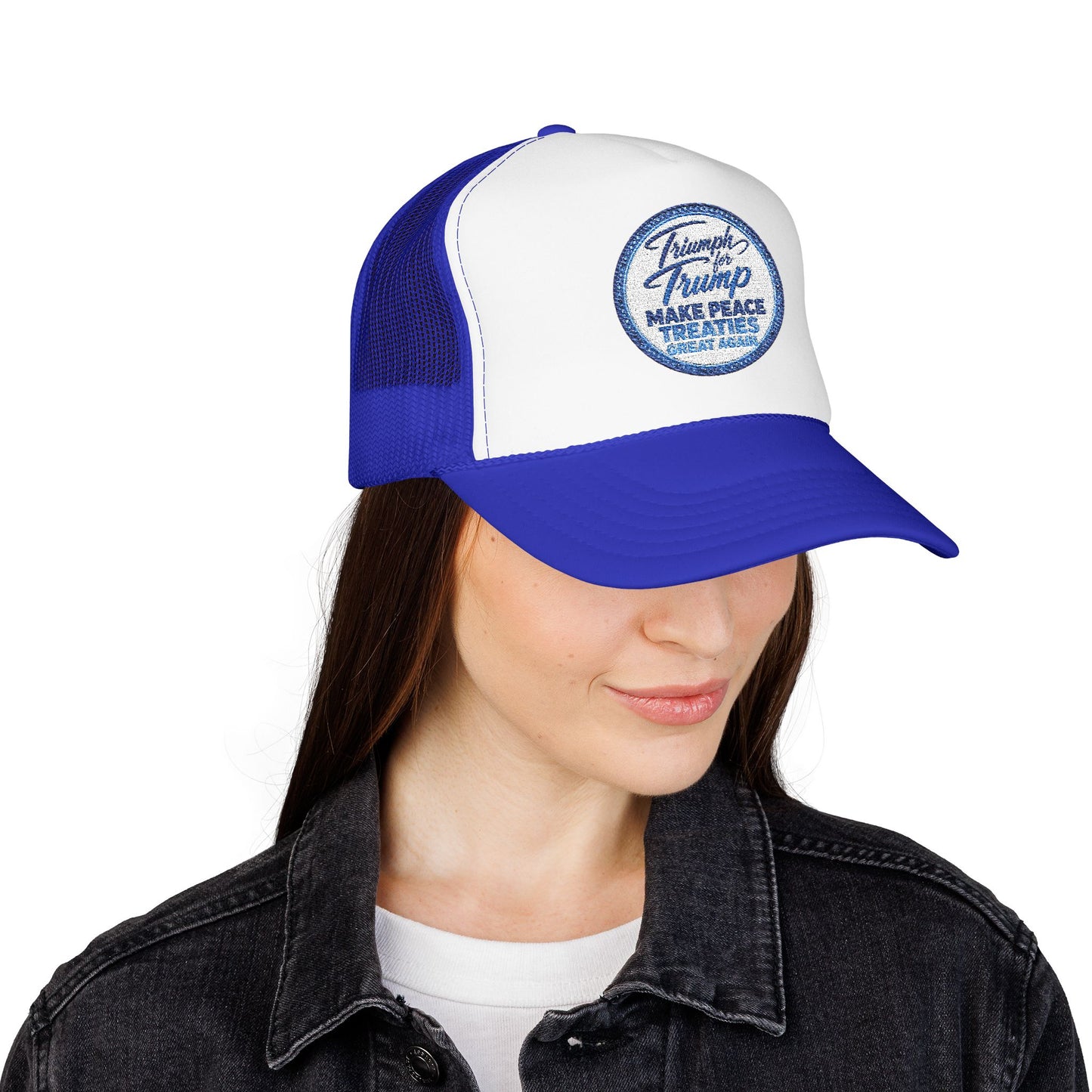 "Triumph for Trump: Make Peace Treaties Great Again" ✨EMBROIDERED Foam Trucker Hat — Vintage Trump Campaign Patch, Only @ LuxeByMimi✨