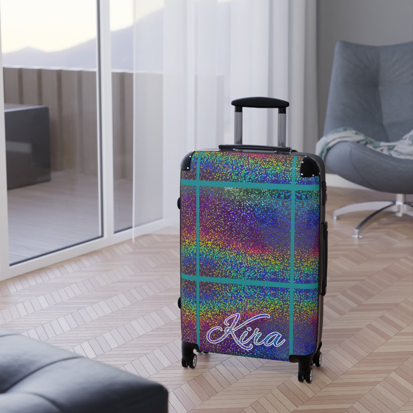Personalized Name Holographic Glitch Pattern Print Suitcase Colorful Travel Luggage: WARNING - May Cause Uncontrollable Compliments