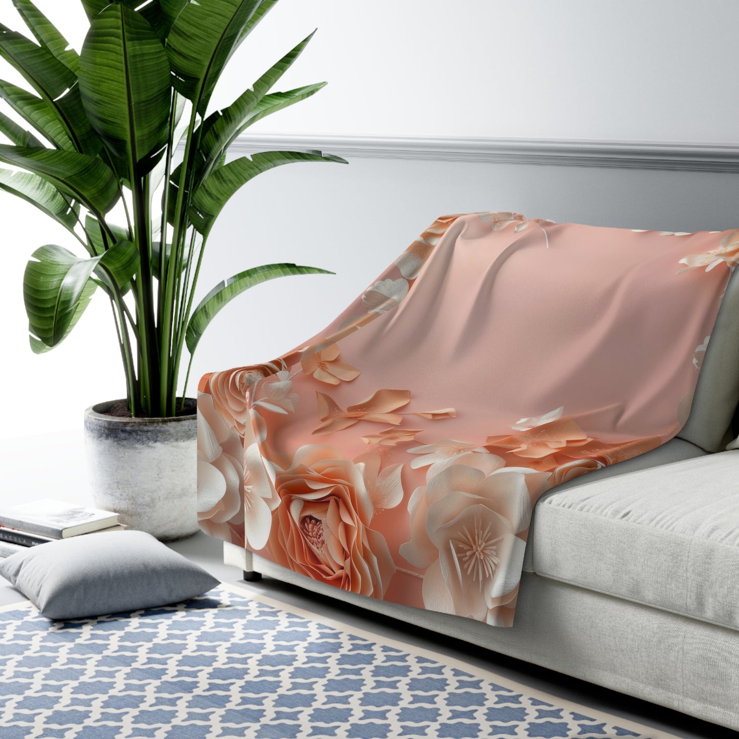 Blush Rose Floral Sherpa Blanket Peach Vintage Flower Pattern