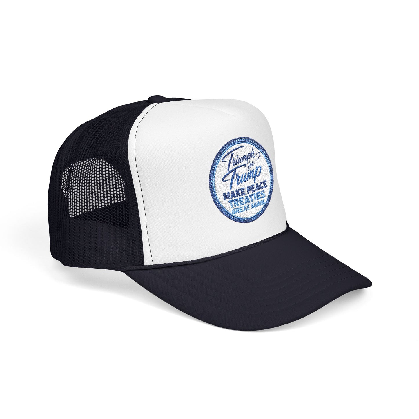 "Triumph for Trump: Make Peace Treaties Great Again" ✨EMBROIDERED Foam Trucker Hat — Vintage Trump Campaign Patch, Only @ LuxeByMimi✨